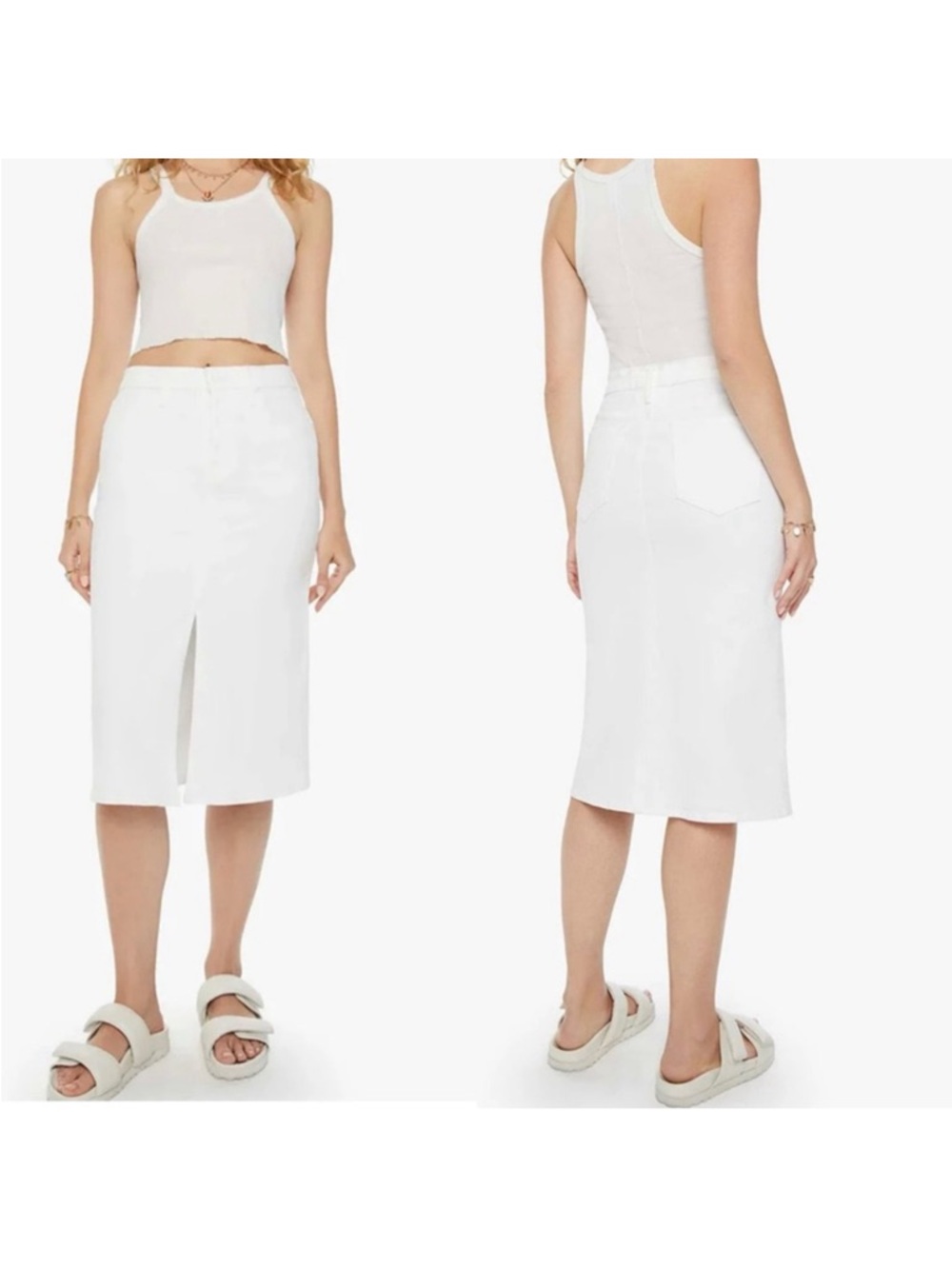 MOTHER White Midi Pencil Skirt with Front Slit
